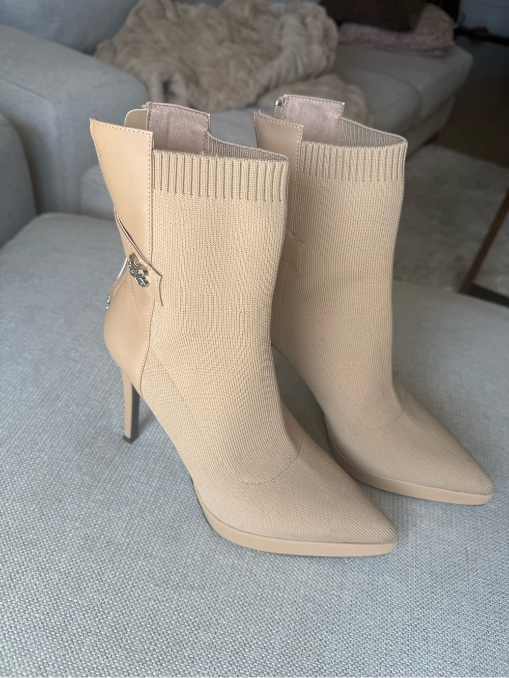 Beige Knit Stiletto Ankle Boots - Women's Dress Heels